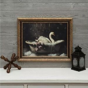 Elegant Swan in Bathtub Golden Vintage Inspired  Framed Art Viral Htf Sold Out